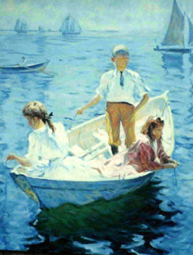 Oil painting of three children on a boat