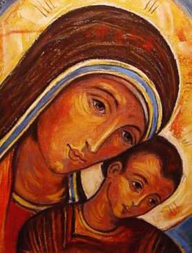 Pastel drawing of a mother with a child called Madonna