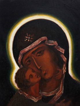 Oil on wood art piece called The Vladimir Mother of God